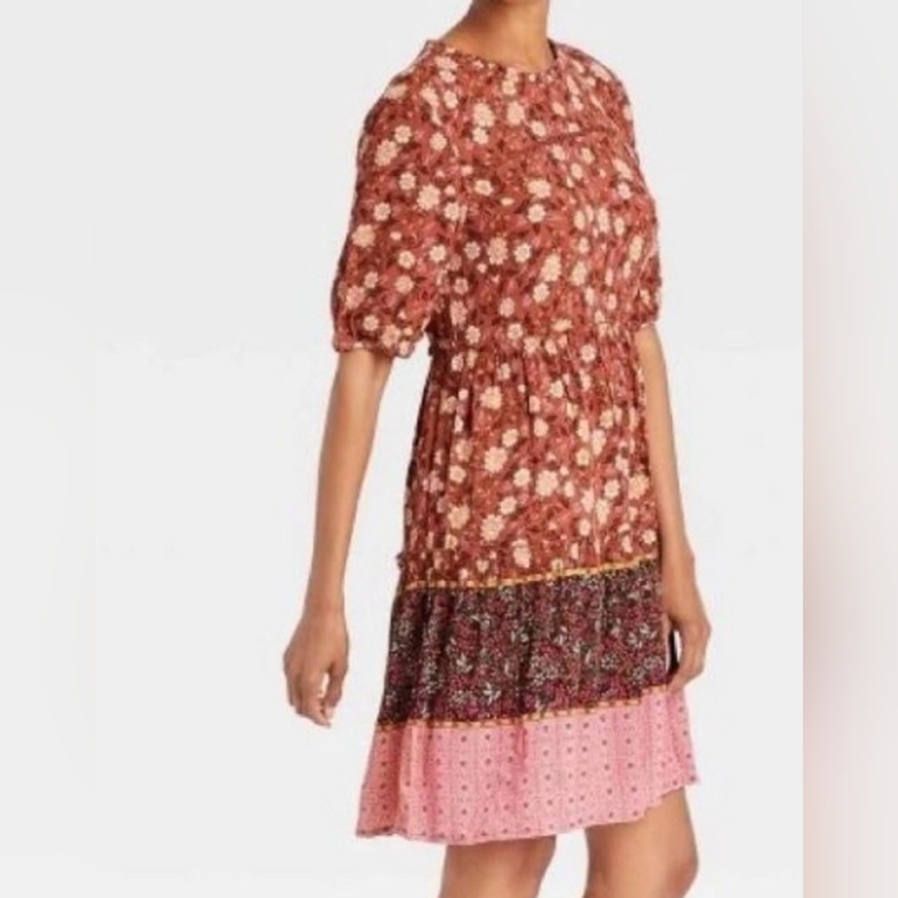 Know Rose Medium Babydoll Tiered Boho Country Concert‎ Prairie Rust Dress